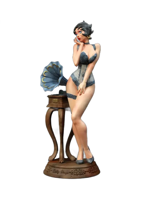3D Print of Betty Boop from Paramount standing next to a vinyl player by Exclusive3DPrints